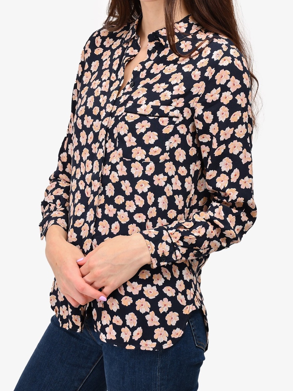 Ganni Navy & Peach Crepe Floral Button Up Blouse Size 36